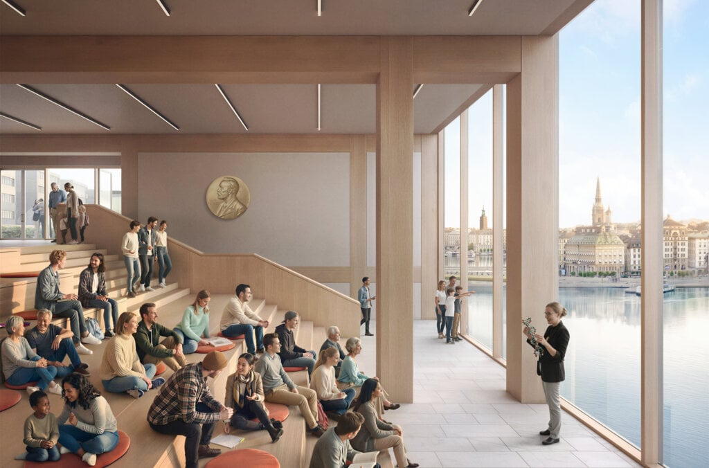 Övre plan med inramade vyer mot skärgården och staden.