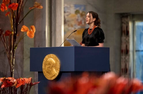 Oleksandra Matviichuk delivering her speech