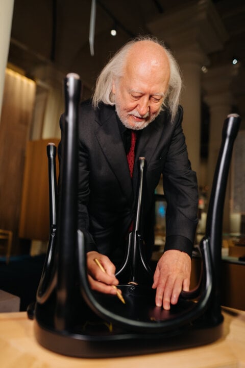 László Krasznahorkai signing chair at the Nobel Prize Museum