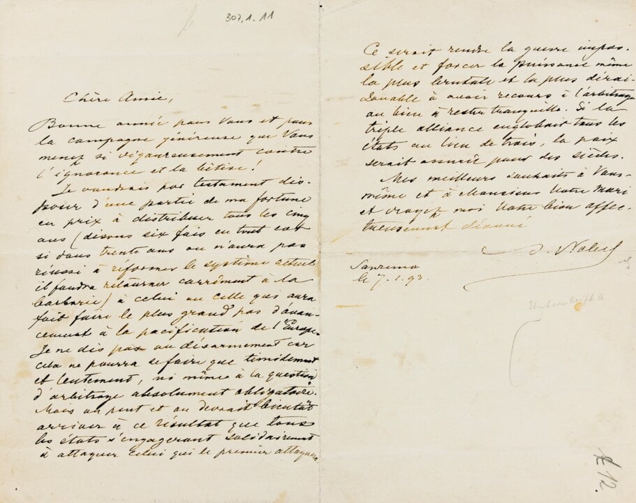 Letter from Alfred Nobel to Bertha von Suttner 1893.
