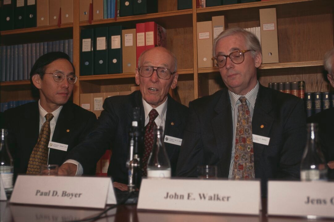 Steven Chu, Paul D. Boyer and John E. Walker during a press conference