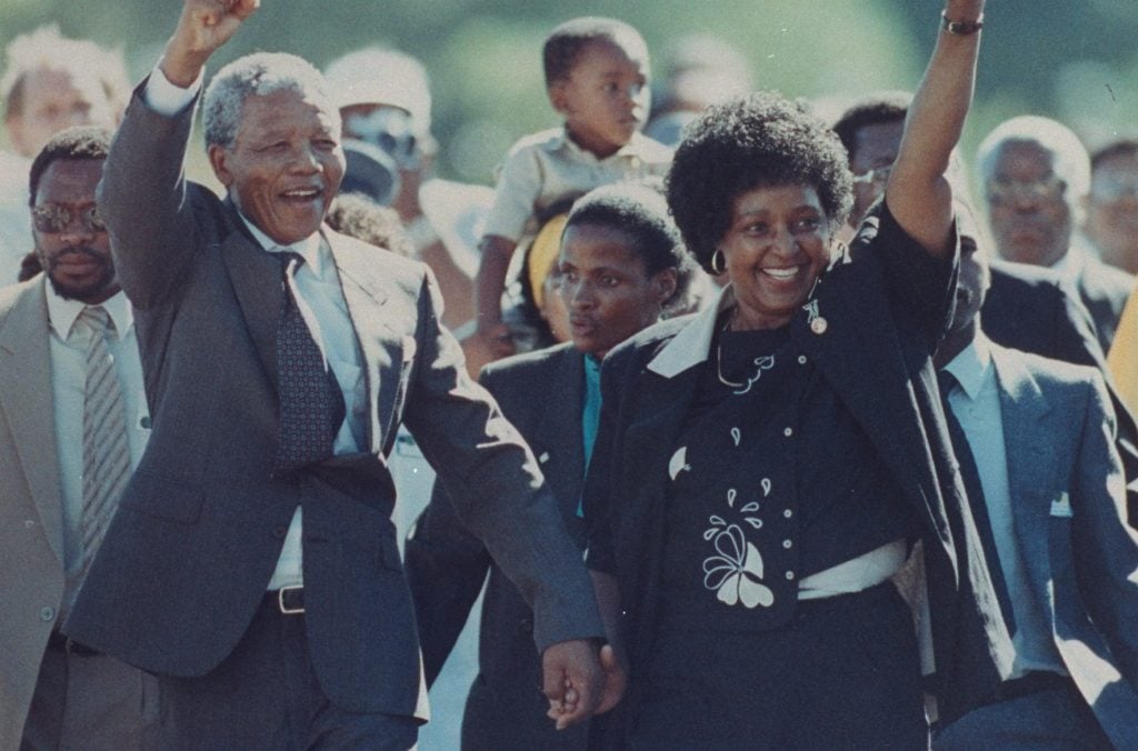 Nelson Mandela celebrating his freedom