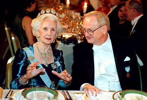 Princess Lilian of Sweden in conversation with Nobel Laureate Arvid Carlsson.
