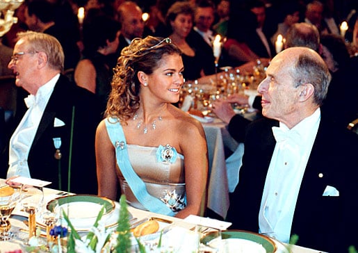 Princess Madeleine of Sweden seated between Nobel Laureate in Physiology or Medicine Paul Greengard  and Arvid Carlsson at the Nobel Banquet.