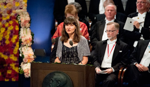 Professor Sara Snogerup Linse delivering the Presentation Speech for the 2012 Nobel Prize in Chemistry