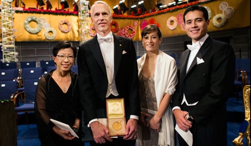 Brian K. Kobilka with wife Tong Sun Kobilka, daughter Megan and son Jason, after the Nobel Prize Award Ceremony at the Stockholm Concert Hall