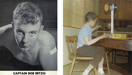 Two budding engineers. My Dad, captain of the University of Michigan wrestling team, 1948. Me, building a giraffe, age 7.