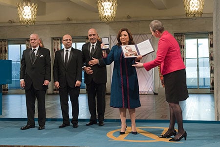 Kaci Kullmann Five of the Norwegian Nobel Committee and the representatives of Tunisia's National Dialogue Quartet at the Nobel Peace Prize Award Ceremony.