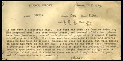 Eton school report for JBG from Biology master, 1949.