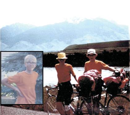 Riding bicycles in Wyoming in the summer of 1969. A photo of me on the day of our return (inset) and with Tim (far left) on the road.