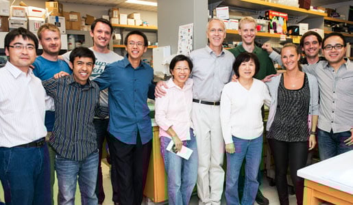 Brian K. Kobilka, his wife Tong Sun Kobilka and lab personnel celebrating the 2012 Nobel Prize in Chemistry
