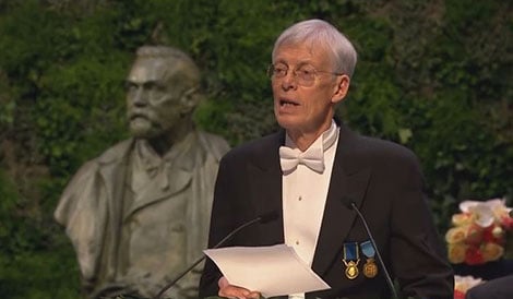 Writer Jesper Svenbro delivering the Presentation Speech for the 2014 Nobel Prize in Literature.