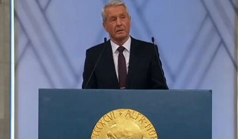 Thorbjørn Jagland, Chairman of the Norwegian Nobel Committee, delivering the Presentation Speech at the Nobel Peace Prize Award Ceremony.