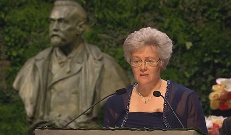 Professor Anne L'Huillier delivering the Presentation Speech for the 2014 Nobel Prize in Physics.