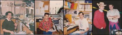 Work in the Südhof laboratory in Dallas in the 1990s. Left, Yutaka Hata at his bench; middle right, Nils Brose at his desk; middle right, Harvey McMahon getting ready to think; right, Thomas Südhof and Rafael Fernandez-Chacon after work.