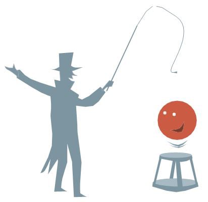 An illustration of a magician and a red particle