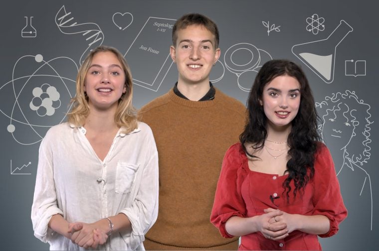 Students with illustrations behind.