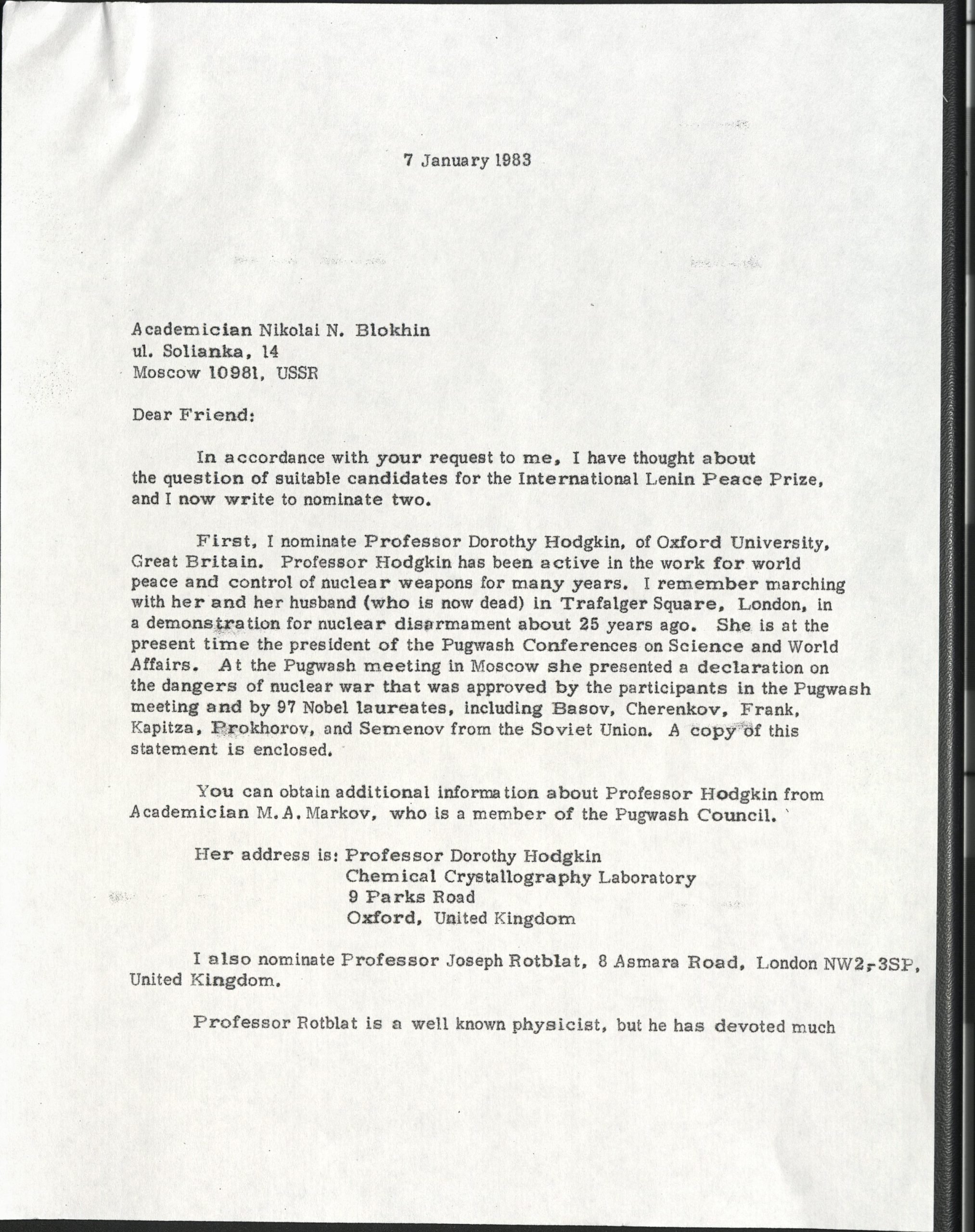 Page one of a letter